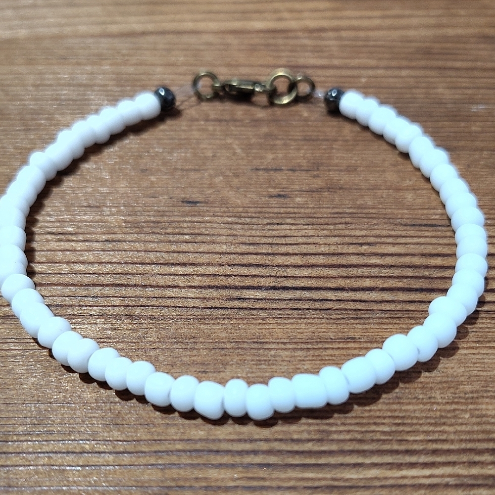 White Beaded Men's Bracelet, Handmade Men's Bracelet, Matte White, 9 Inches